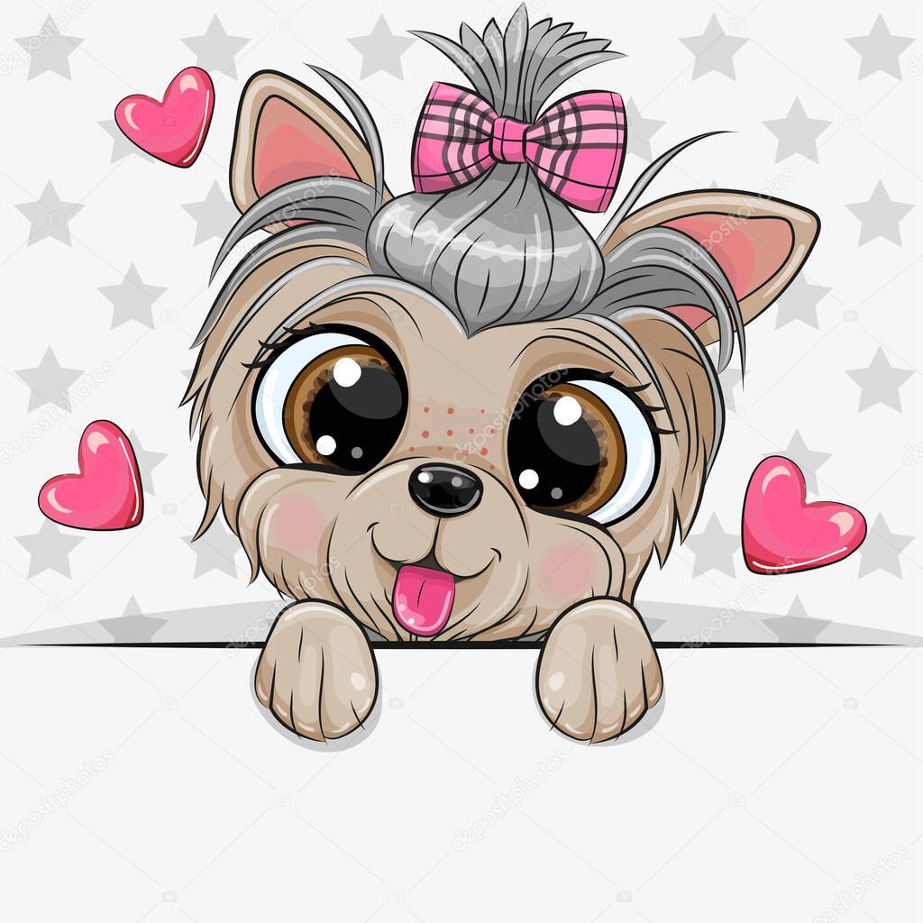 Cute cartoon Dog Yorkshire Terrier with a bow on a stars background