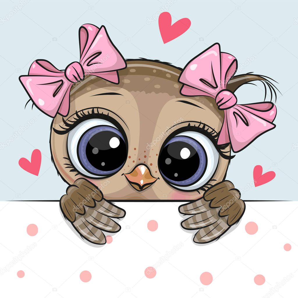 Greeting card cute Cartoon Owl Girl with hearts