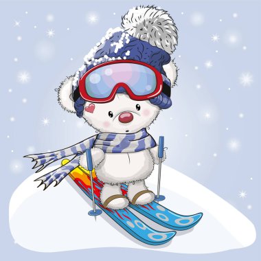 Mavi arka planda kayakları olan sevimli çizgi film Ayısı.