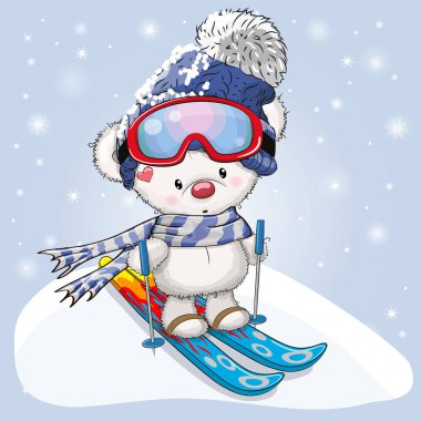 Cute cartoon Bear with skis on a blue background clipart