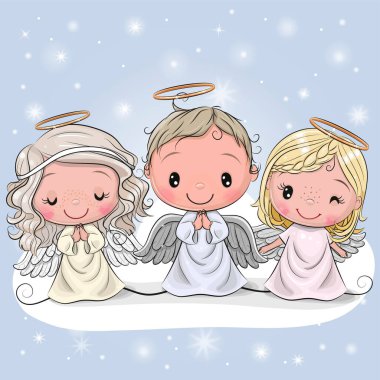 Mavi arka planda üç şirin çizgi film Noel meleği