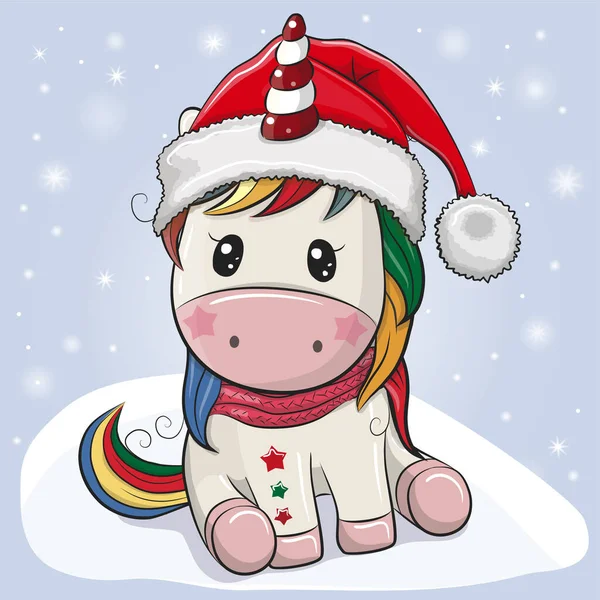 Carino Cartone Animato Unicorno Cappello Babbo Natale Uno Sfondo Blu — Vettoriale Stock