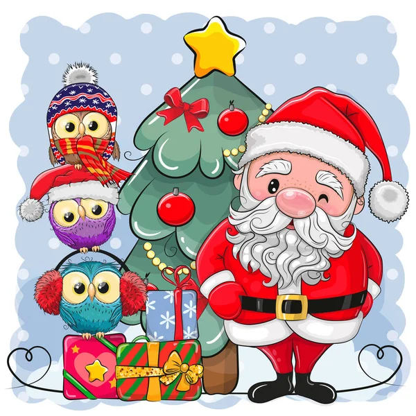 Linda Historieta Santa Claus Tres Lindos Búhos Dibujos Animados — Vector de stock