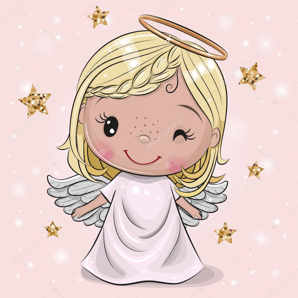 Cute Cartoon Christmas angel on a pink background