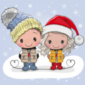 Aranyos téli illusztráció Aranyos fiú és lány a kalapok és kabátok