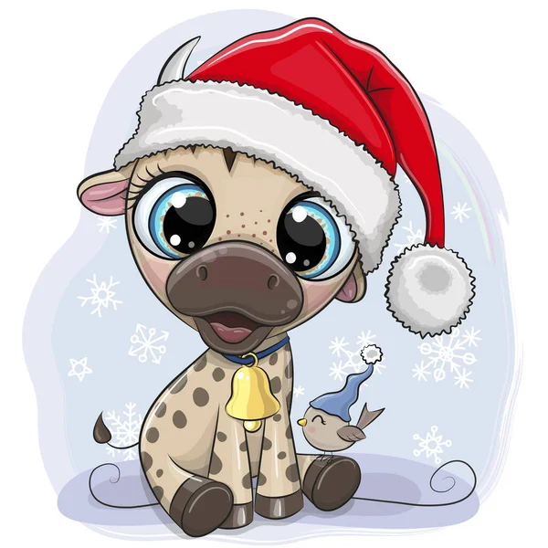 Cute Cartoon Bull Dans Chapeau Père Noël Sur Fond Bleu — Image vectorielle