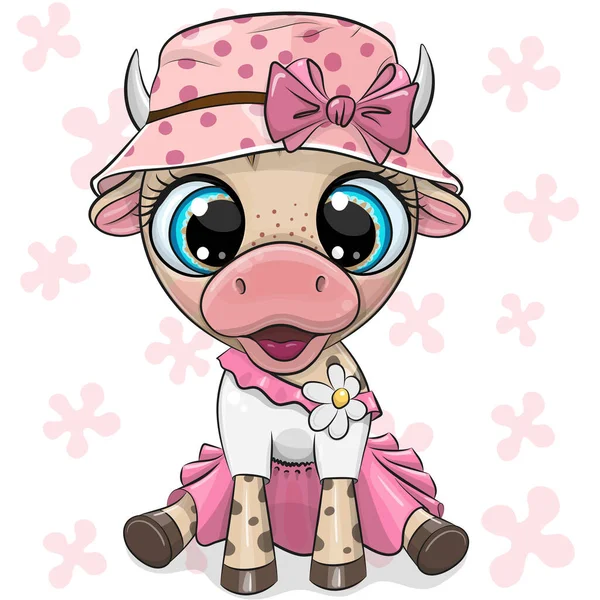Cute Cartoon Cow Pink Dress Panama Hat — Stock Vector