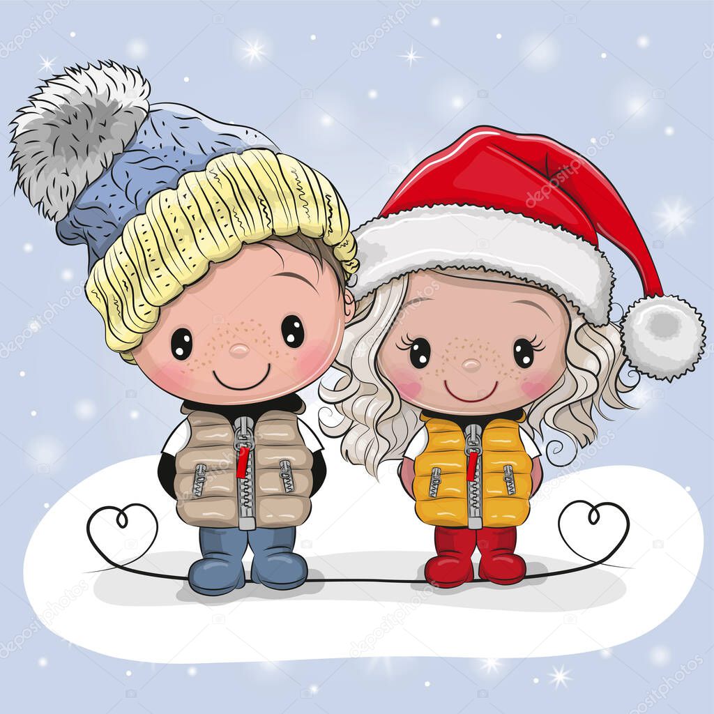 Cute winter illustration Cute Boy and Girl in hats and coats