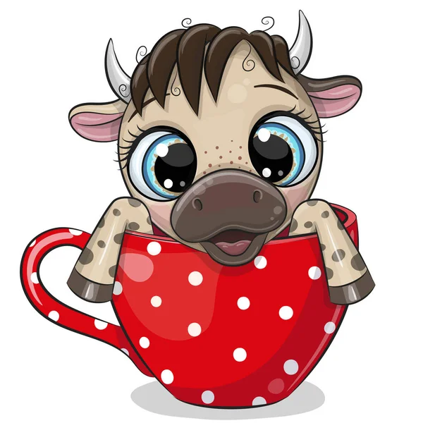 Cute Cartoon Bull Sitzt Einem Roten Becher — Stockvektor