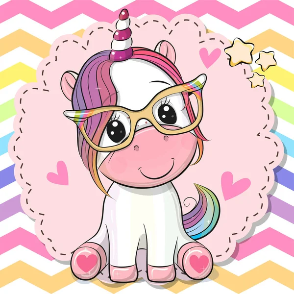 Cute Kartun Unicorn Dengan Kacamata Latar Belakang Pelangi - Stok Vektor