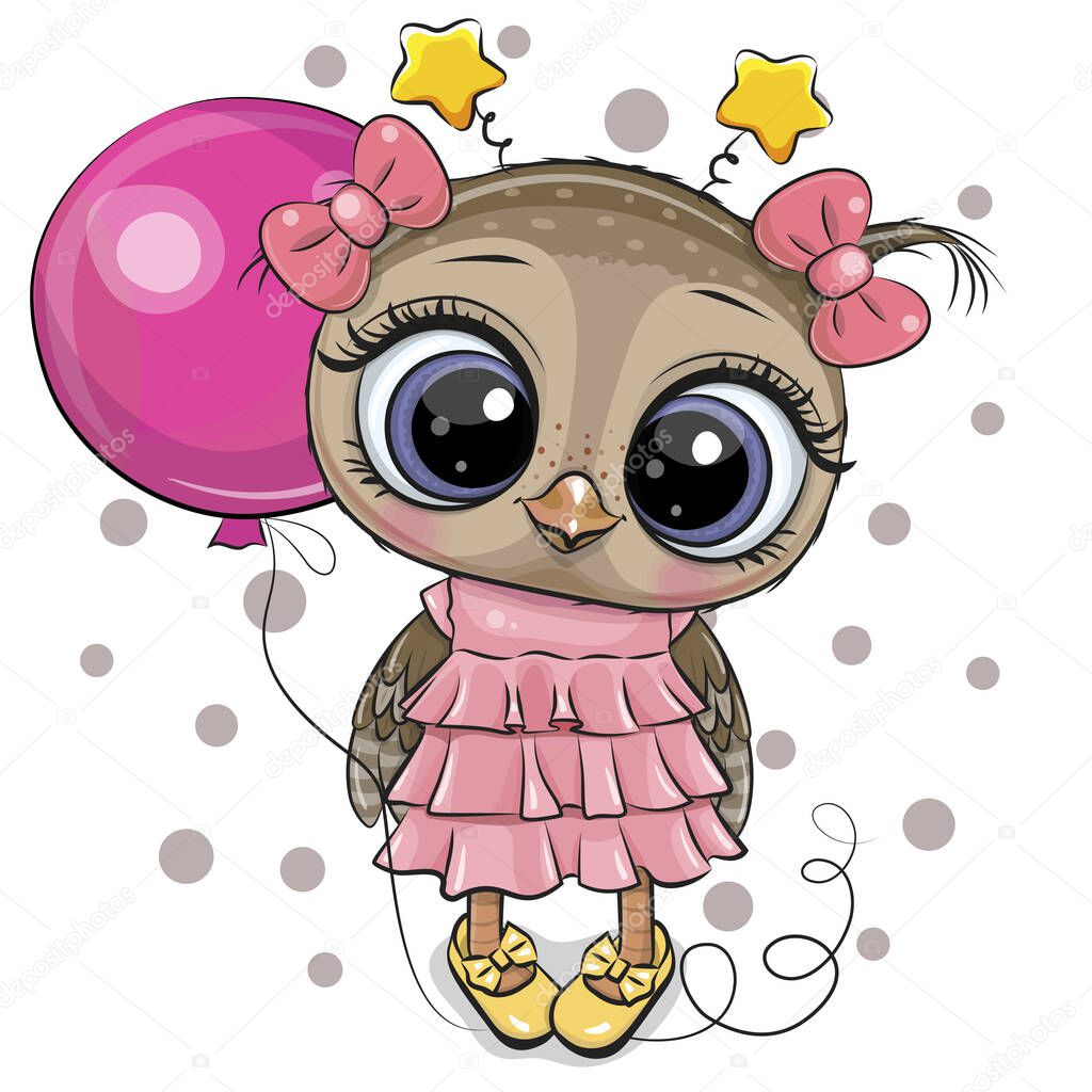 Greeting card Cute Cartoon Owl with pink balloon