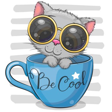 Gözlüklü şirin çizgi film kedisi bir kupanın içinde oturuyor.