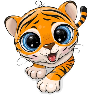 Cute Cartoon Tiger creeping up isolated on a white background