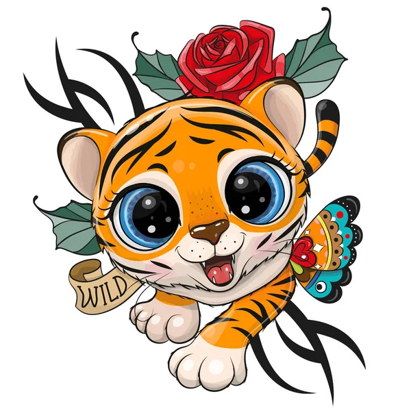 Cute Tattoo Design Tiger Creeping Isolated White Background — Διανυσματικό Αρχείο