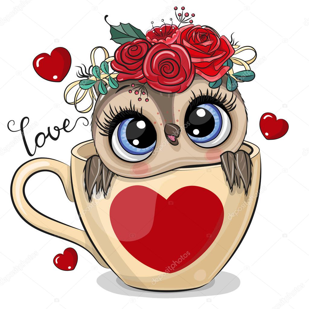 Cute Cartoon Owl is sitting in a Cup with heart print