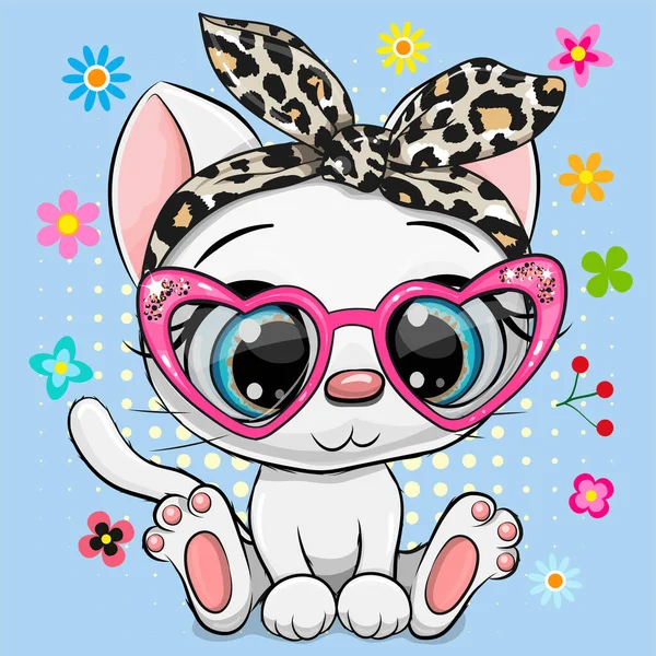 Schattig Cartoon Wit Kitten Met Een Strik Bril Een Blauwe — Stockvector