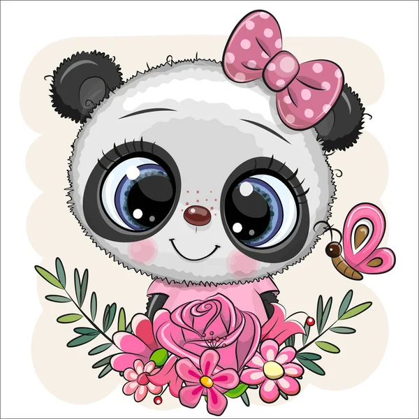 Mignon Dessin Animé Panda Avec Des Fleurs Avec Arc — Image vectorielle