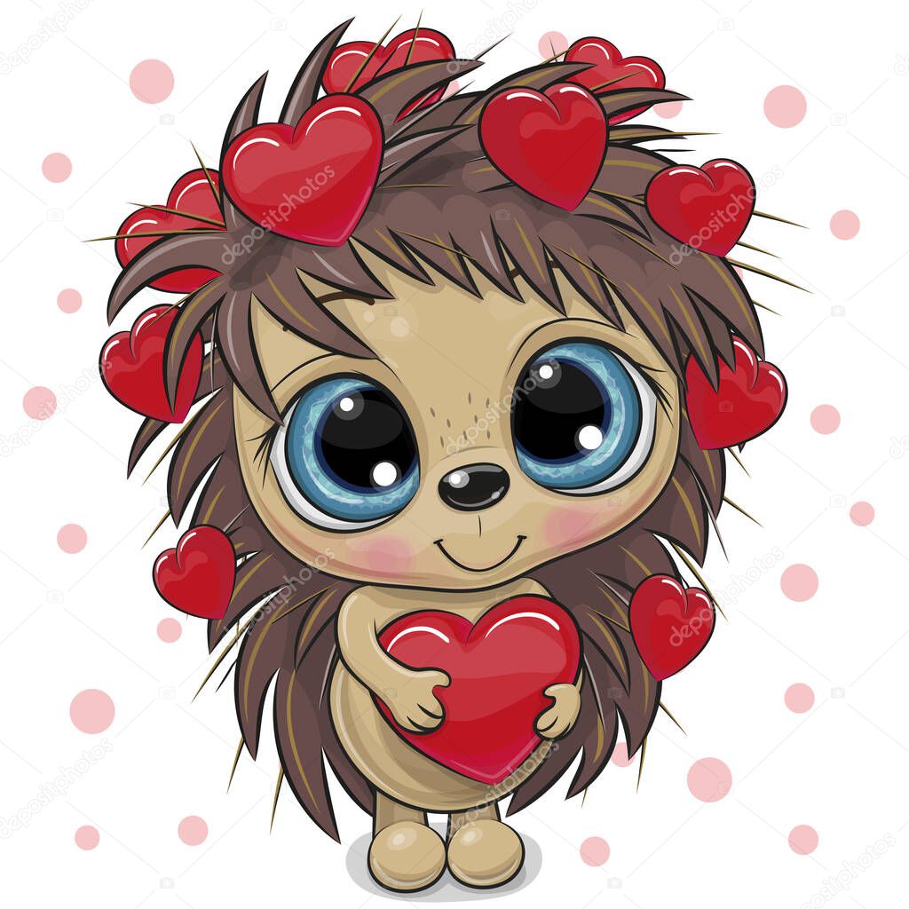 Cute Cartoon Hedgehog with hearts on a white background