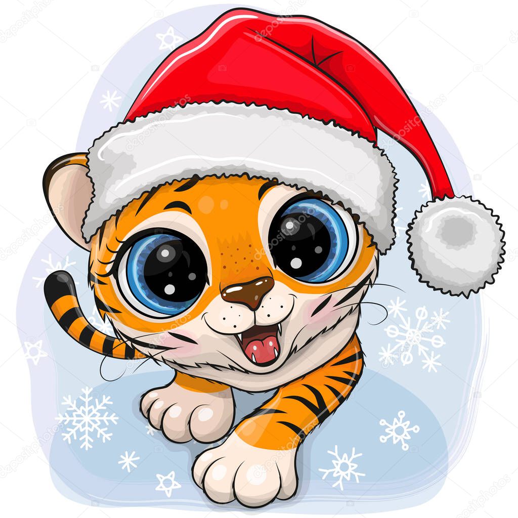 Cute Cartoon Tiger creeping up ion a blue background