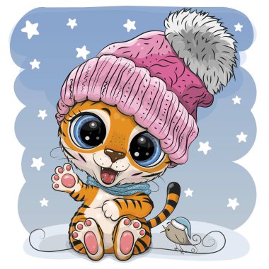 Cute Cartoon Tiger in a pink hat on a blue background clipart