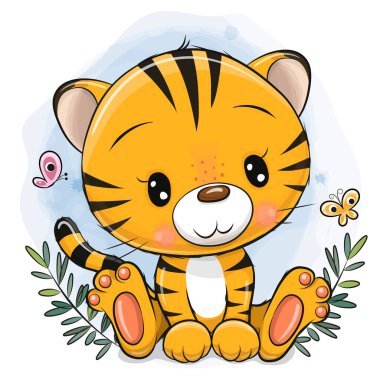 Cute Cartoon Tiger on a blue background clipart