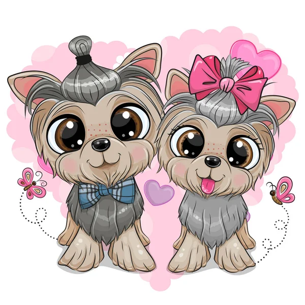 Cute Cartoon Dogs Yorkshire Terrier Boy Girl Heart Bakcground — Stock Vector