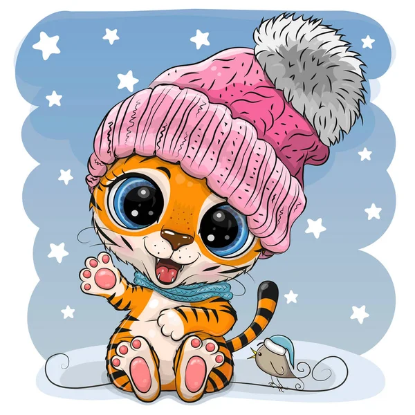 Carino Cartoon Tiger Cappello Rosa Uno Sfondo Blu — Vettoriale Stock