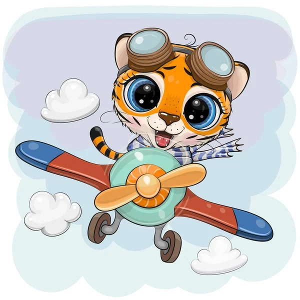 Carino Cartoon Tiger Sta Volando Aereo — Vettoriale Stock