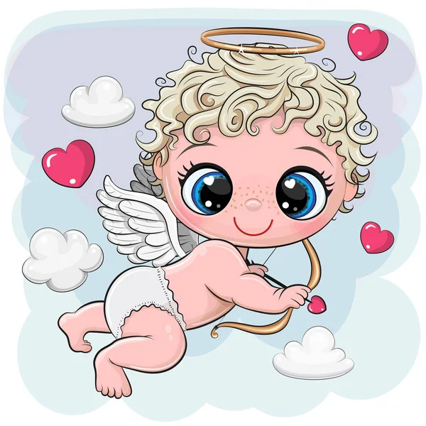 Lindo Cupido Dibujos Animados Con Arco Flecha Sobre Fondo Azul — Vector de stock