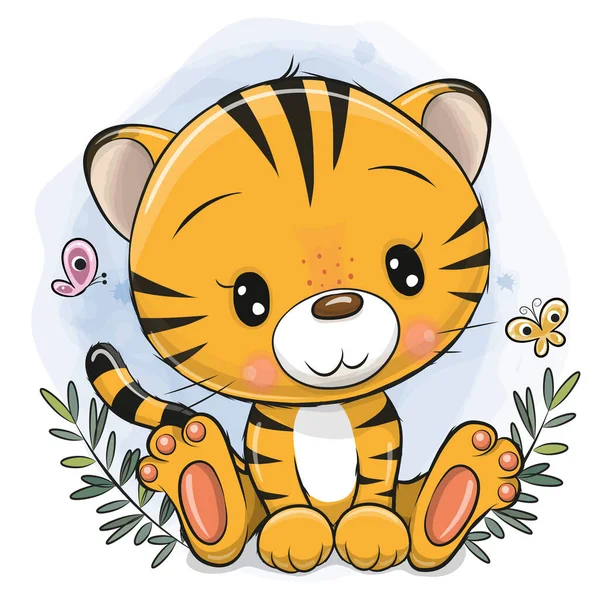 Cute Cartoon Tiger Latar Belakang Biru - Stok Vektor