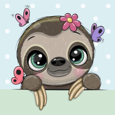Cute Cartoon Sloth with butterflies on a blue background clipart