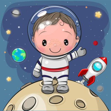 Cute Cartoon Boy astronaut on the moon on a space background clipart