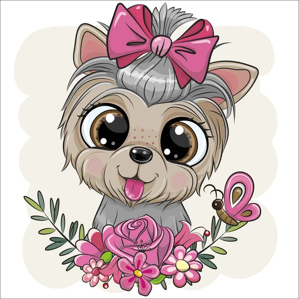 Cute Cartoon Dog Yorkshire Terrier Kwiatami — Wektor stockowy