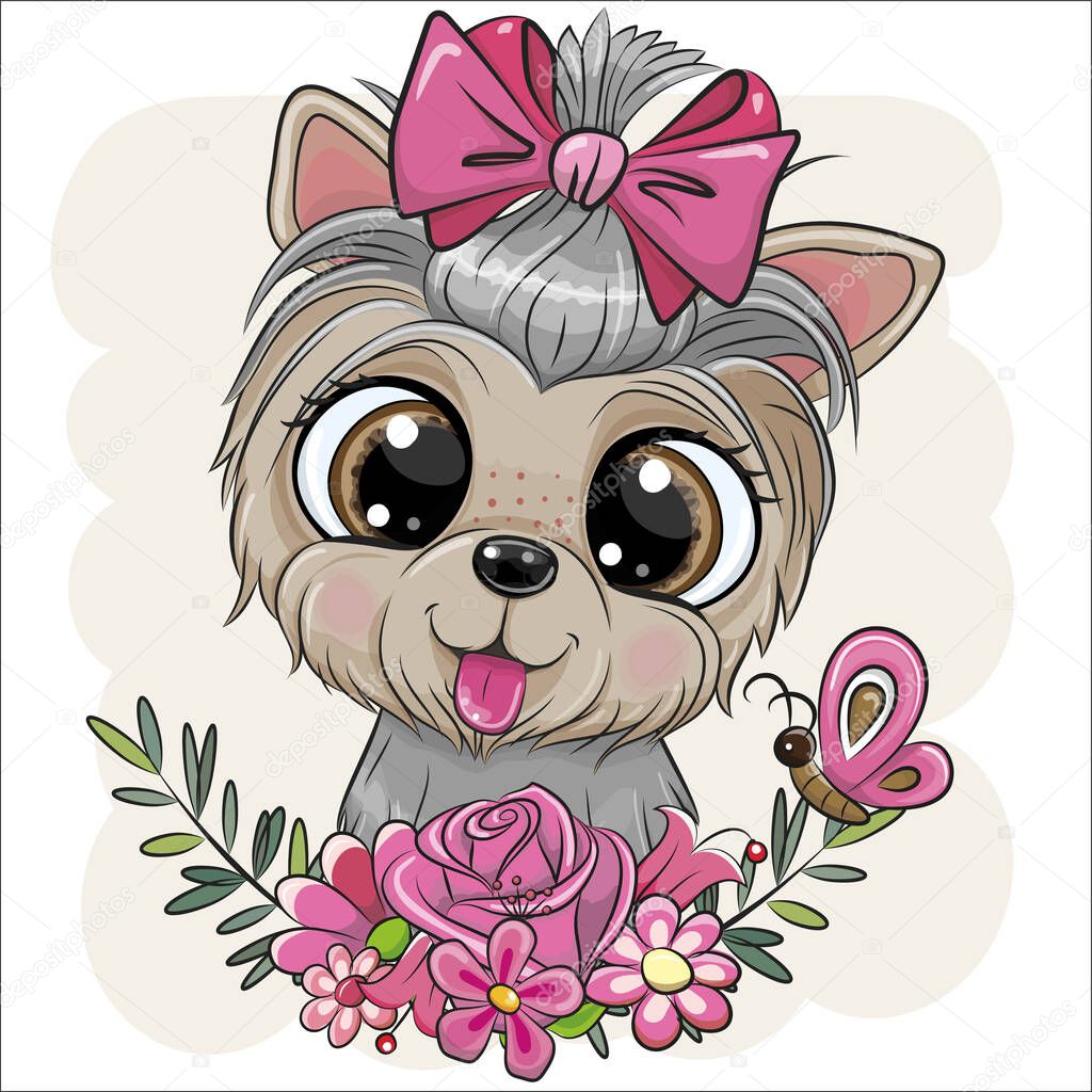 Cute cartoon Dog Yorkshire Terrier with flowers 