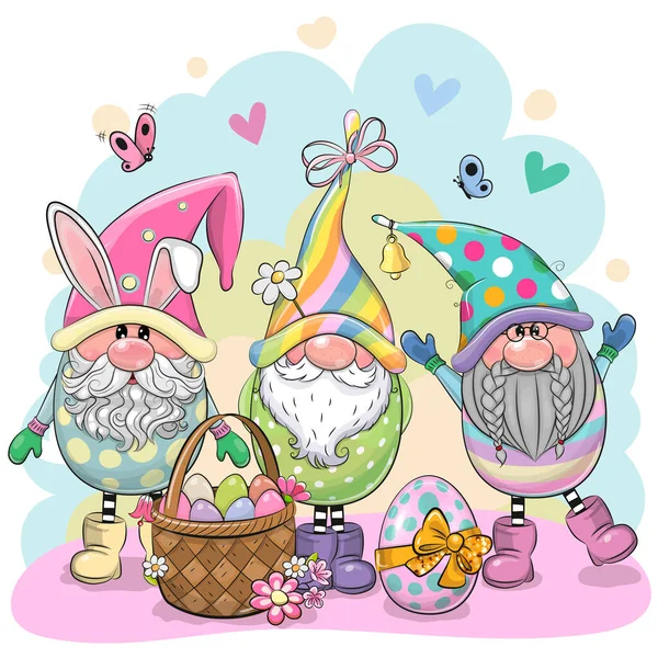 Saludo Tarjeta Pascua Con Tres Lindos Gnomos Dibujos Animados — Vector de stock