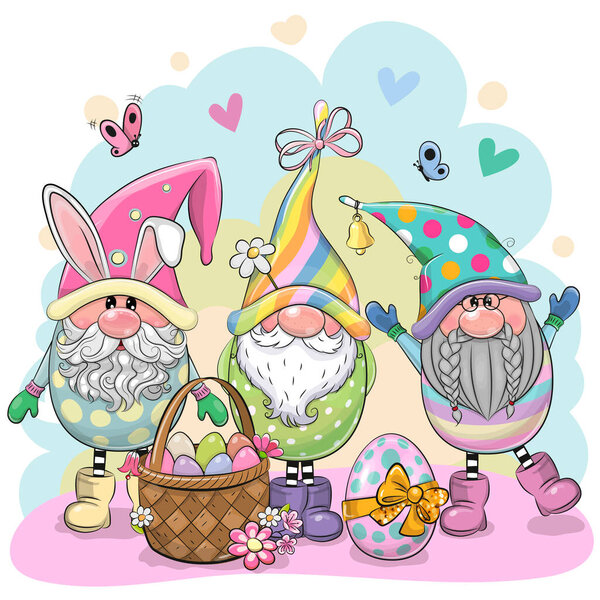 Greeting Easter card with Three Cute Cartoon Gnomes