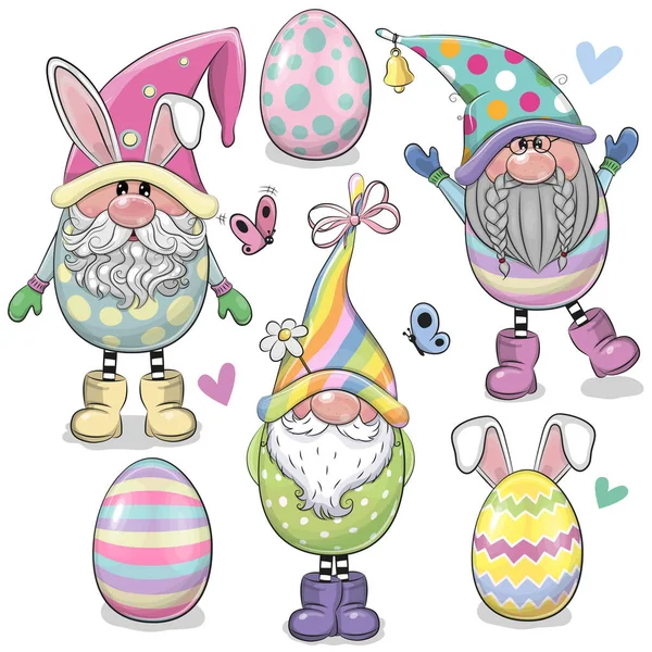 Set Cute Cartoon Easter Gnomes Isolated White Background — Stock Vector