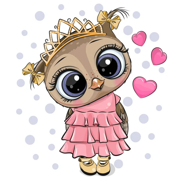 Niedliche Cartoon Eule Prinzessin Einem Rosa Kleid Mit Herzen Auf — Stockvektor