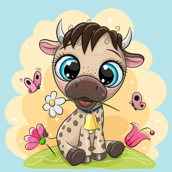 Leuke Cartoon Bull Met Bloemen Een Blauwe Achtergrond — Stockvector