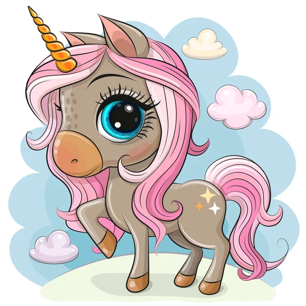 Cute Cartoon Unicorn Girl Long Pink Mane — Stock Vector