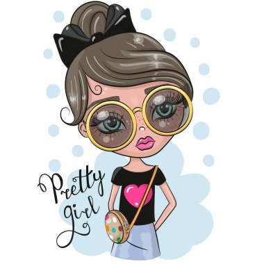 Mavi arka planda büyük gözlükleri olan sevimli çizgi film kızı.