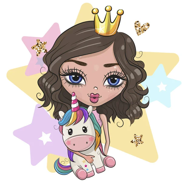 Carino Cartoon Girl Princess Con Unicorno Uno Sfondo Stelle — Vettoriale Stock