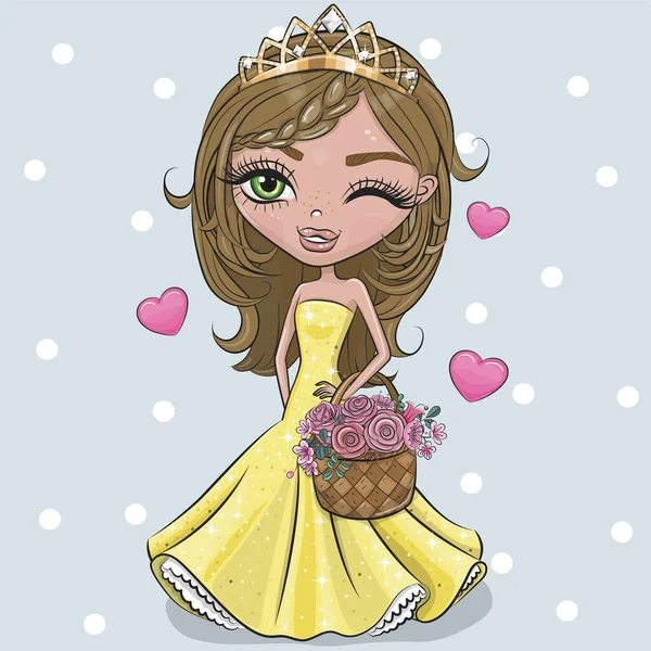 Linda Princesa Dibujos Animados Vestido Amarillo Con Corazones Sobre Fondo — Vector de stock