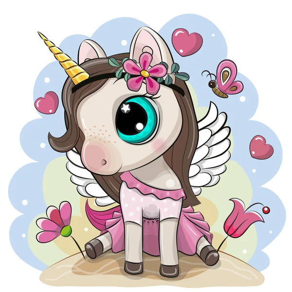 Cute Cartoon Unicorn Pink Dress Butterfly Blue Background — Stock Vector