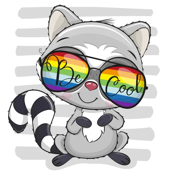 Cool Cartoon Cute Raccoon Dengan Kacamata Matahari Pada Latar Belakang - Stok Vektor