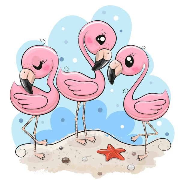 Three Cute Cartoon Flamingos Beach — Stock Vector