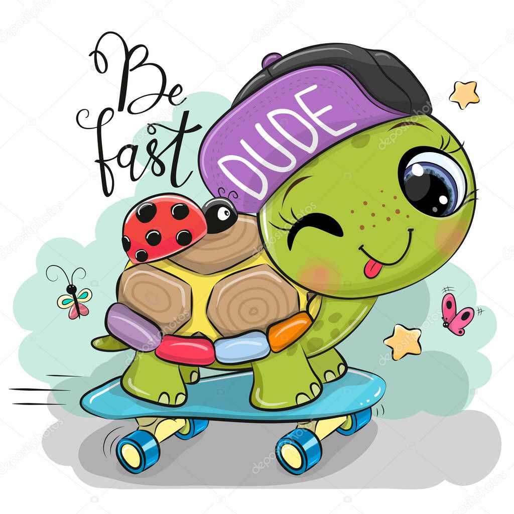 Cute Turtle with a purple cap and a skateboard