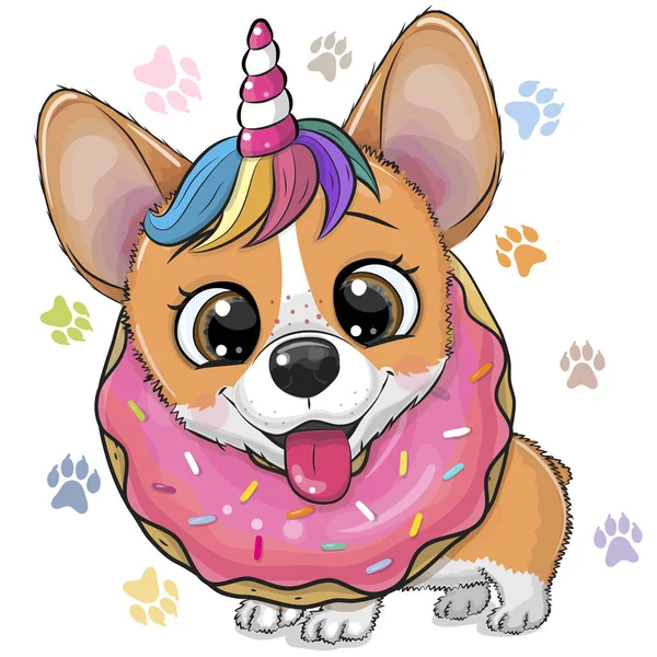 Cute Cartoon Corgi Horn Unicorn Donut — Stock Vector