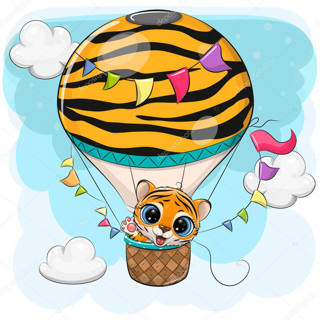 Cute Cartoon Tiger is flying on a hot air balloon