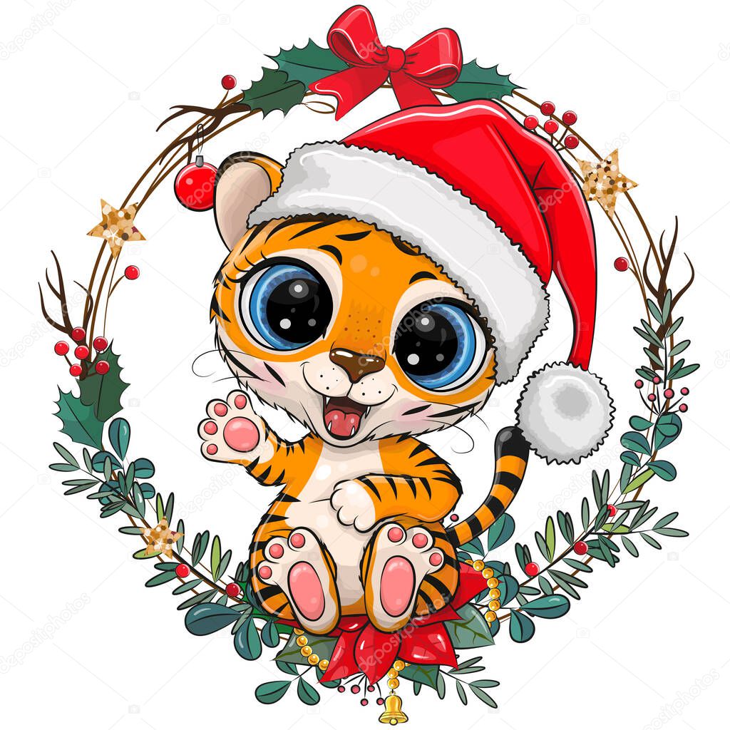 Cute Cartoon Tiger in Santa hat with christmas wreath
